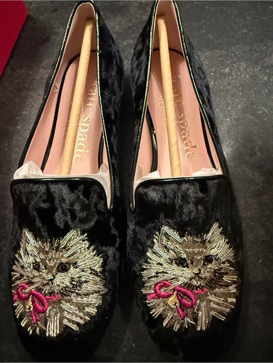 kate spade Shoes - kate spade Black Velvet Loafers with Gold & Pink Embroidered Cat